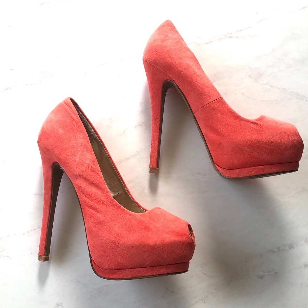 Coral Peep Toe Heels